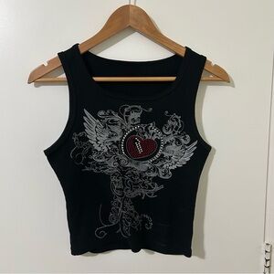 Black Graphic Heart Rhinestones Sleeveless Crop Top Tank Top